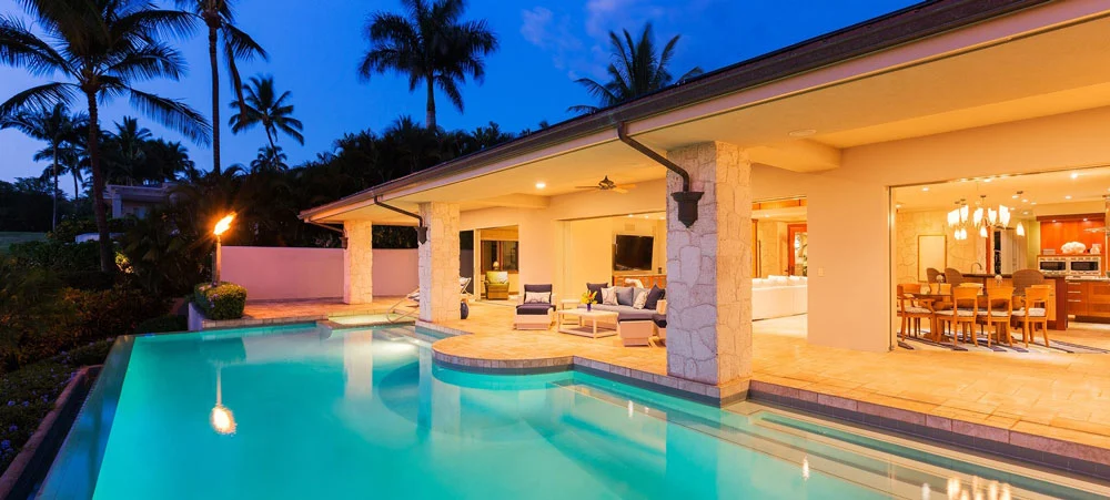 Nighttime lit-up clean swimming pool